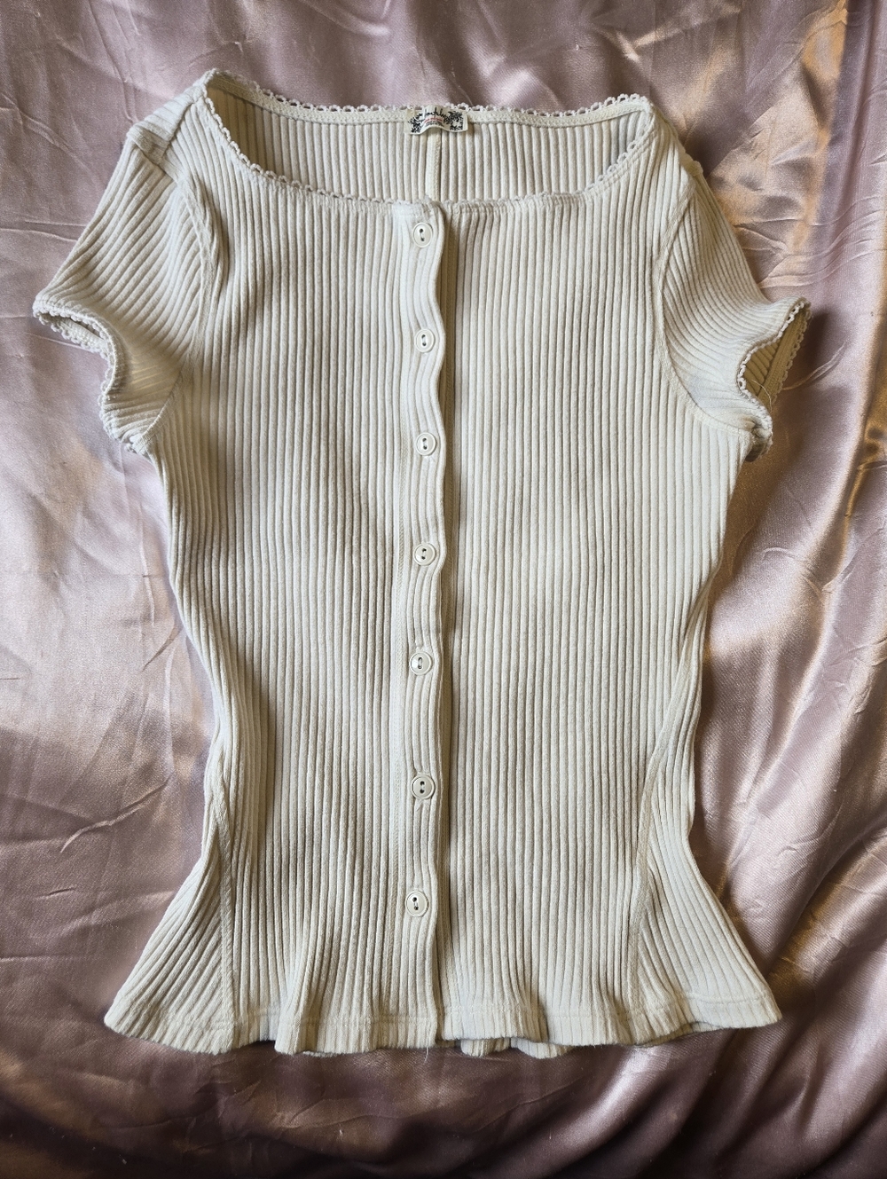 Free People Ribbed Button-Front Short Sleeve Top in Cream